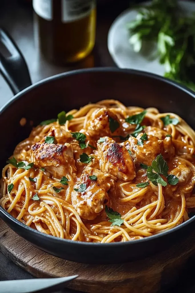 Cowboy Butter Chicken Linguine dish topped with fresh herbs and spices