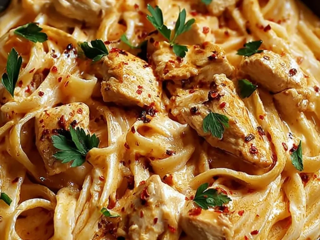Delicious Cowboy Butter Chicken Linguine served in a bowl with herbs.