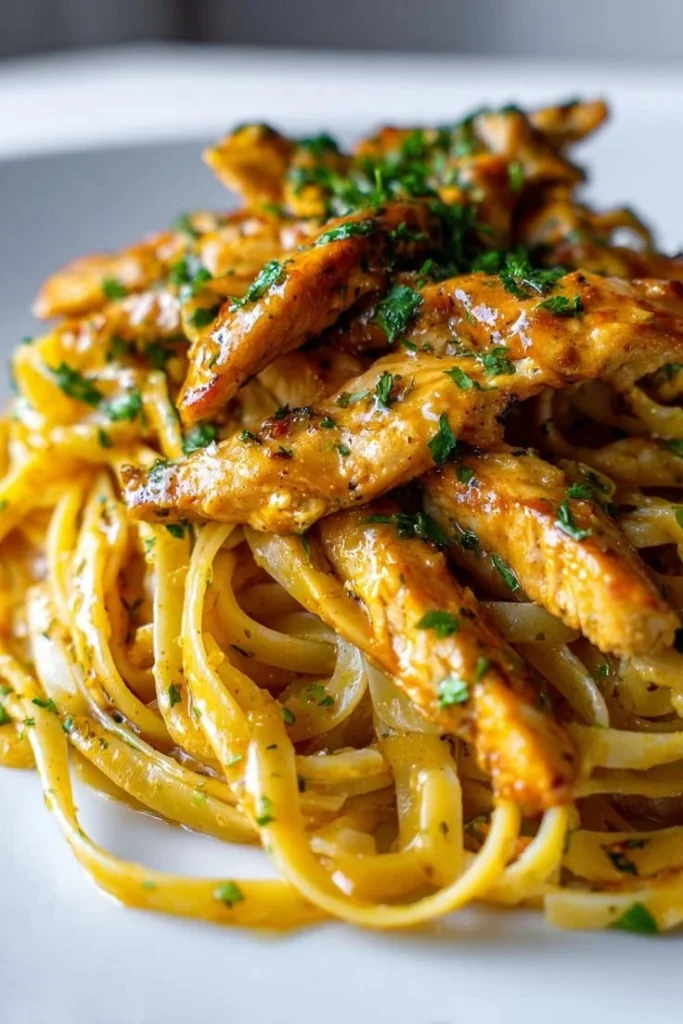 Delicious Cowboy Butter Chicken Pasta topped with herbs and spices