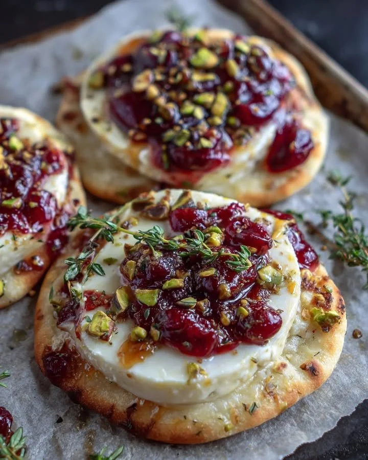 Cranberry, brie and pistachio naan bites on a plate.