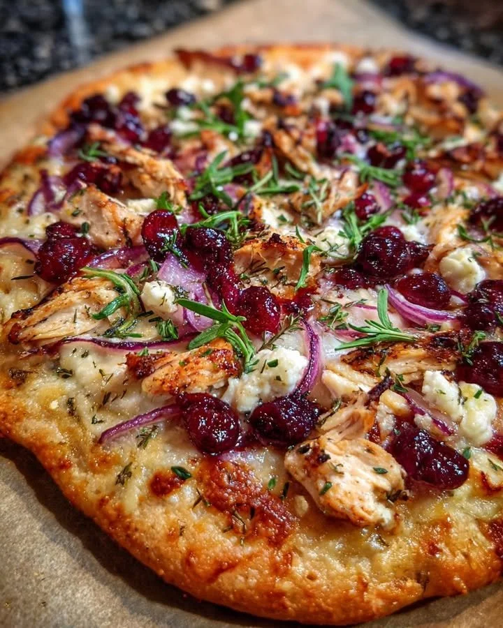 Cranberry Chicken and Brie Pizza topped with fresh ingredients and drizzled with sauce.