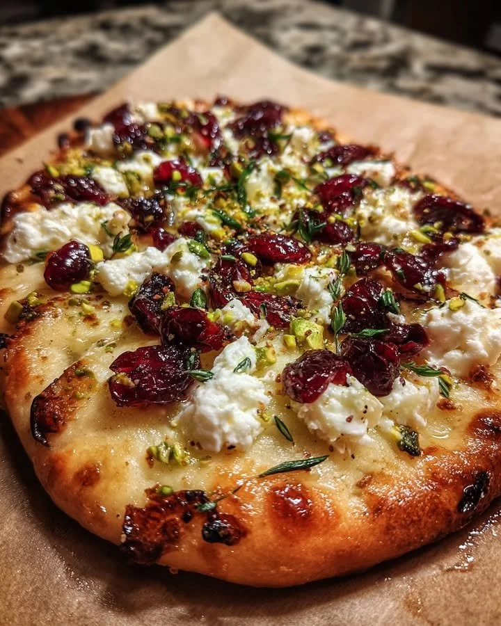Cranberry Goat Cheese Flatbread garnished with pistachio and honey drizzle