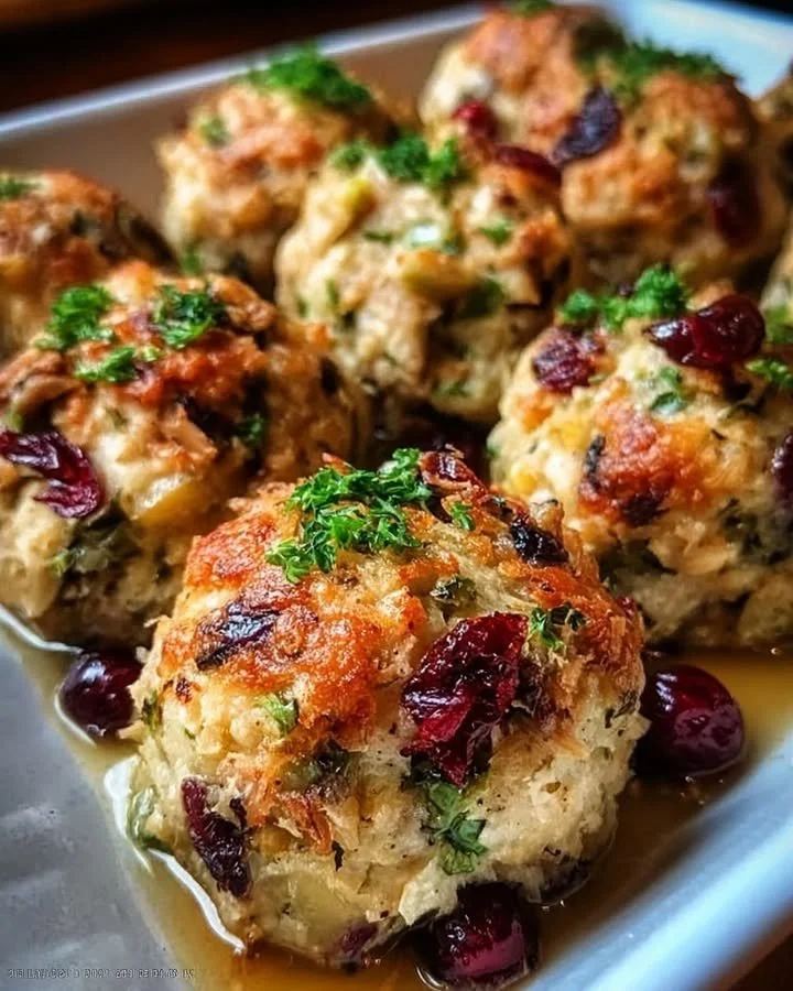 Cranberry turkey stuffing balls served on a festive platter.