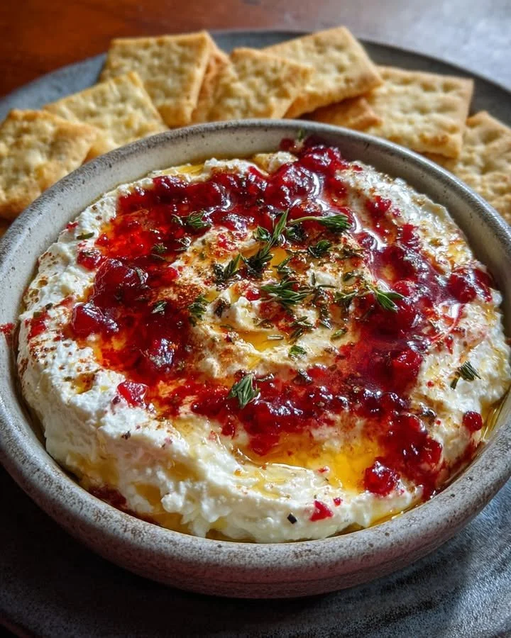 Cranberry whipped feta dip drizzled with hot honey served in a bowl