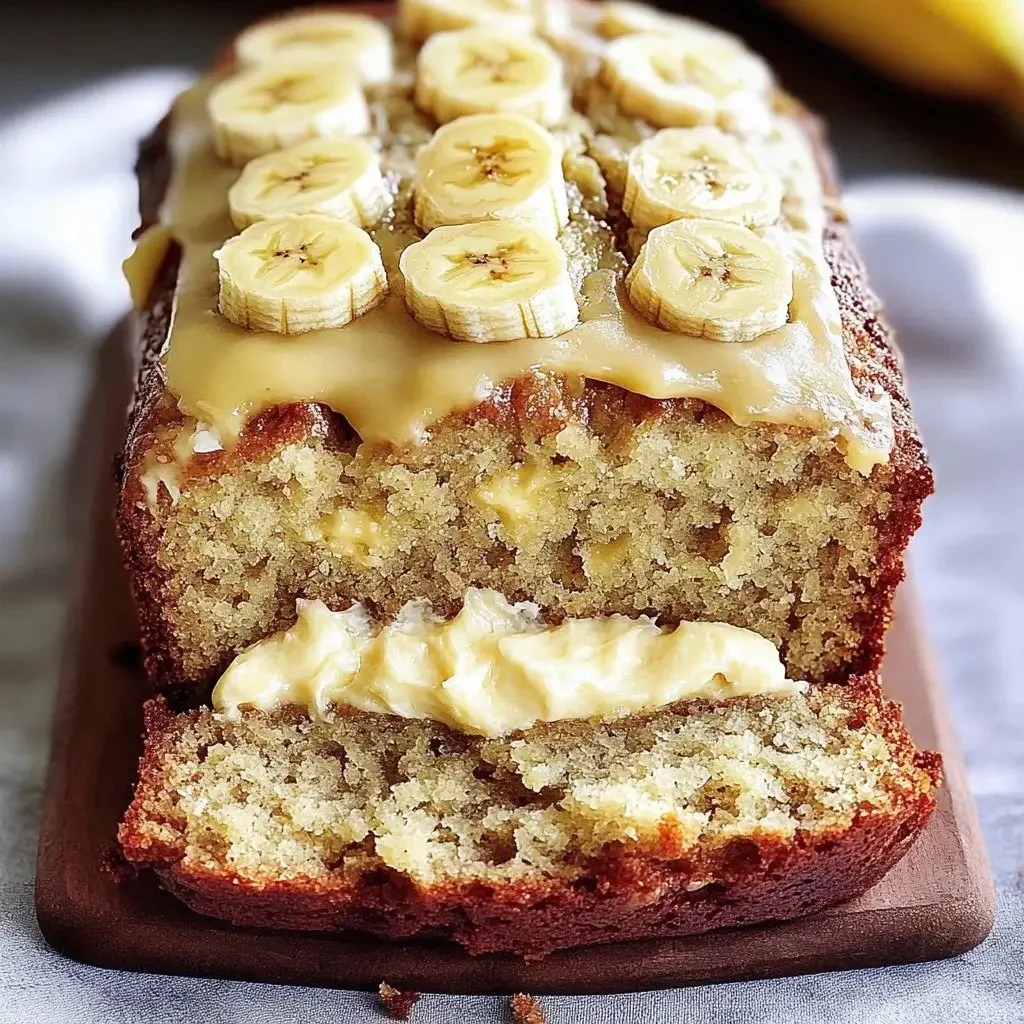 Delicious cream cheese banana bread sliced and displayed on a wooden board
