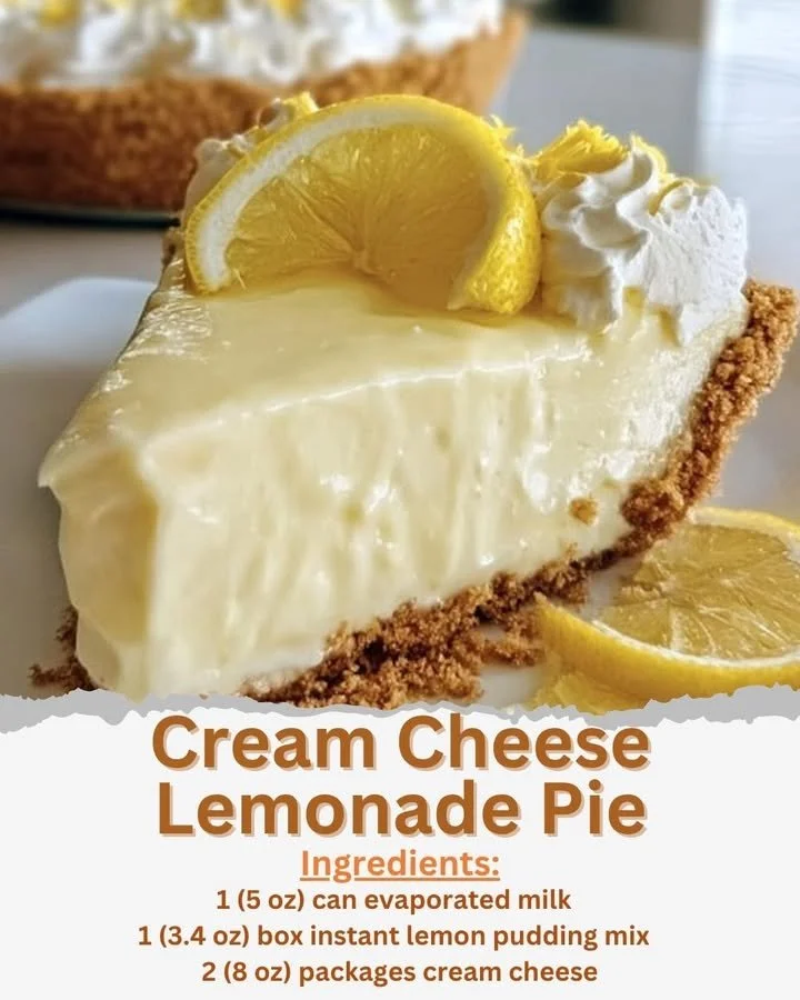 Cream Cheese Lemonade Pie topped with fresh lemon slices and whipped cream
