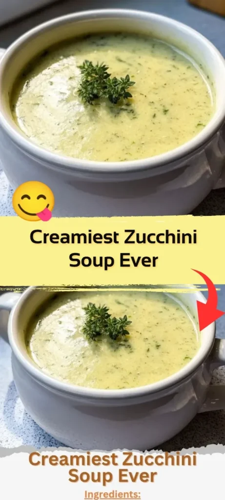 Bowl of creamy zucchini soup garnished with herbs and served with crusty bread