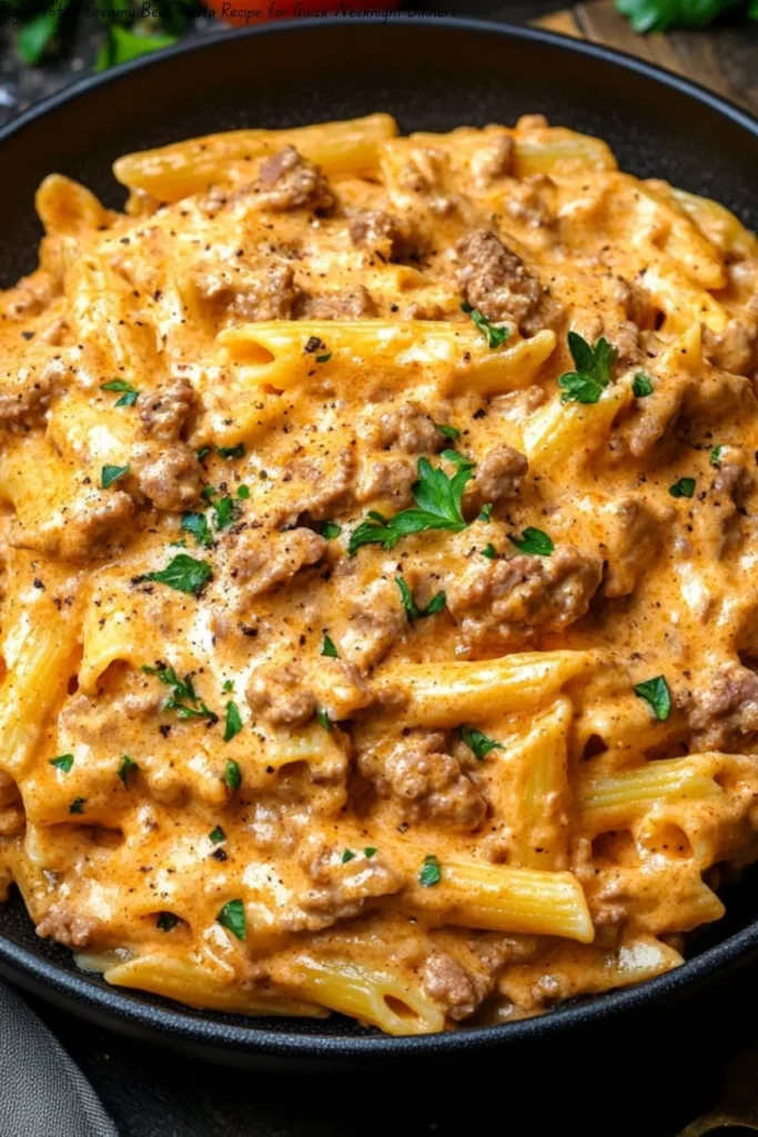 Creamy beef pasta dish with savory meat and rich sauce