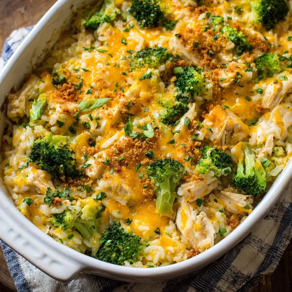 Creamy broccoli cheese casserole with rice and chicken on a serving dish