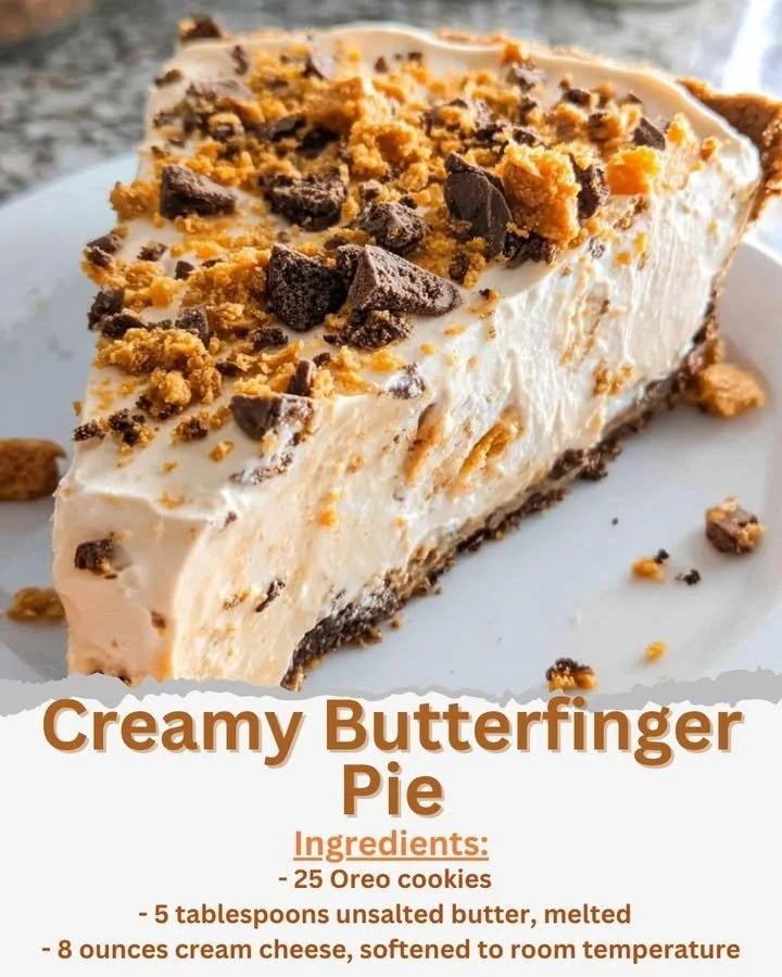 Creamy Butterfinger Pie with a chocolate crust and Butterfinger candy topping