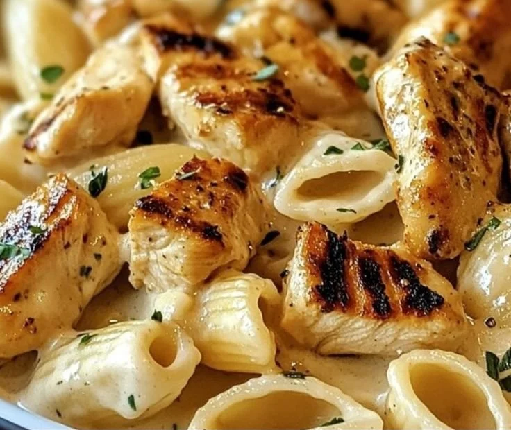 Creamy Cajun Chicken Pasta dish garnished with parsley and served with garlic bread