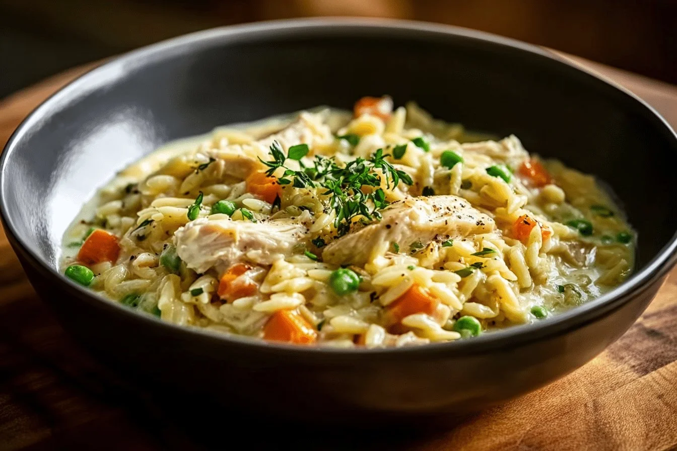 Creamy chicken pot pie orzo topped with herbs in a warm bowl