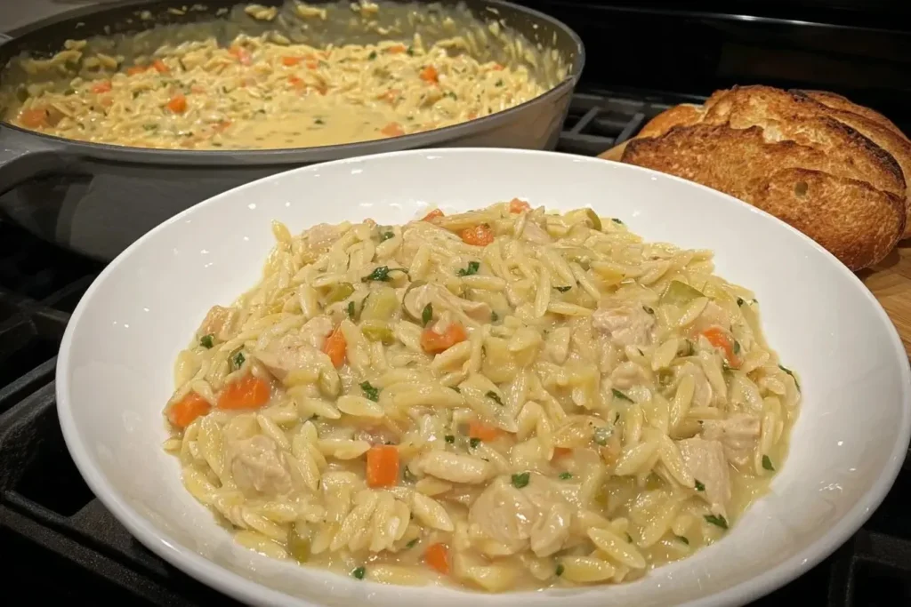 Creamy chicken pot pie orzo served in a bowl