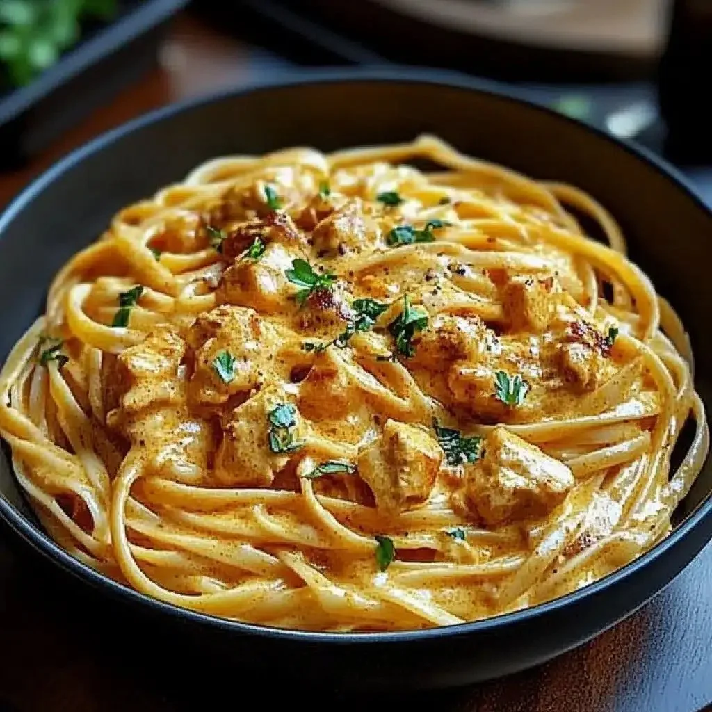 Creamy Cowboy Butter Chicken Linguine dish featuring pasta and rich sauce.