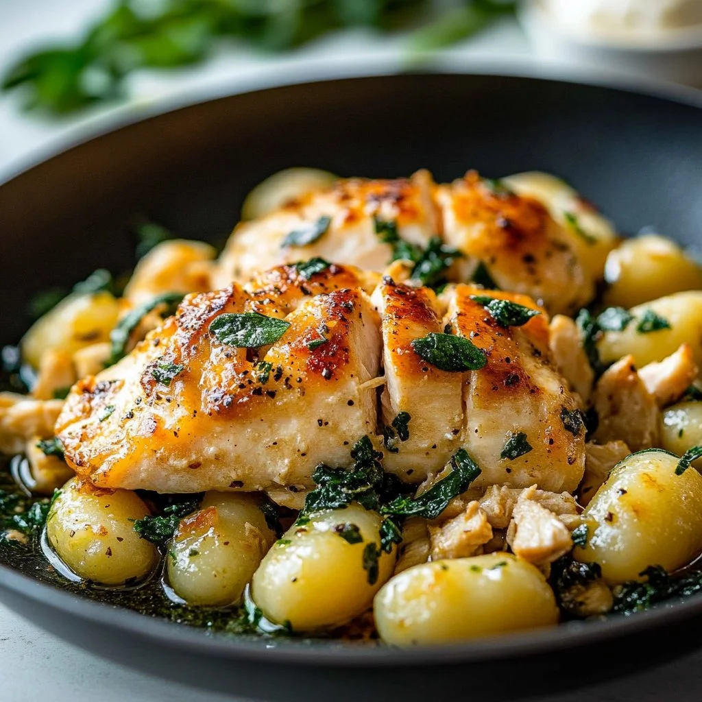 Creamy garlic chicken gnocchi skillet with herbs and vegetables