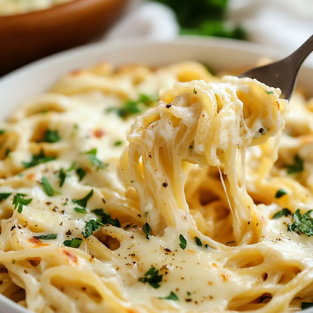 Delicious creamy garlic parmesan spaghetti topped with fresh herbs