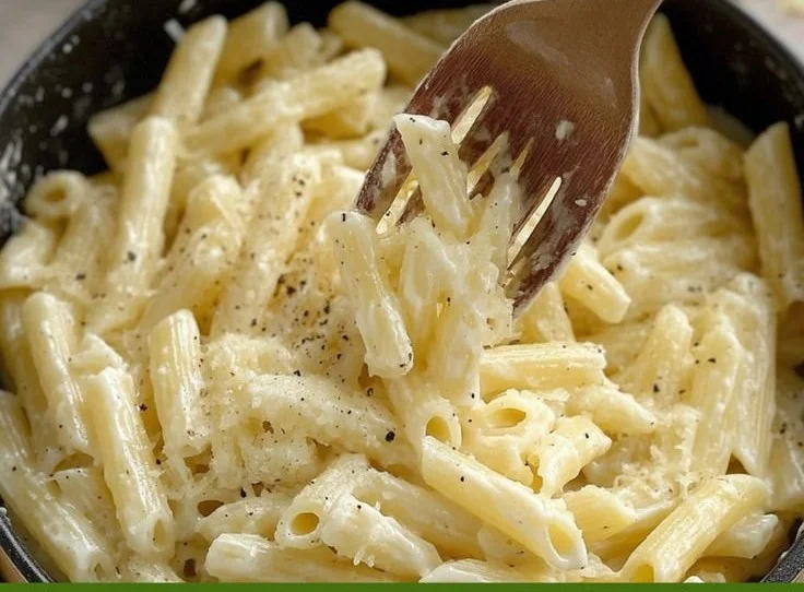 Creamy garlic pasta dish garnished with herbs and cheese