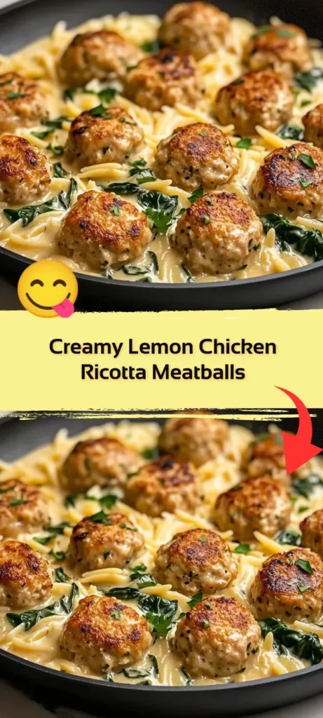 Creamy lemon chicken ricotta meatballs garnished with fresh herbs.