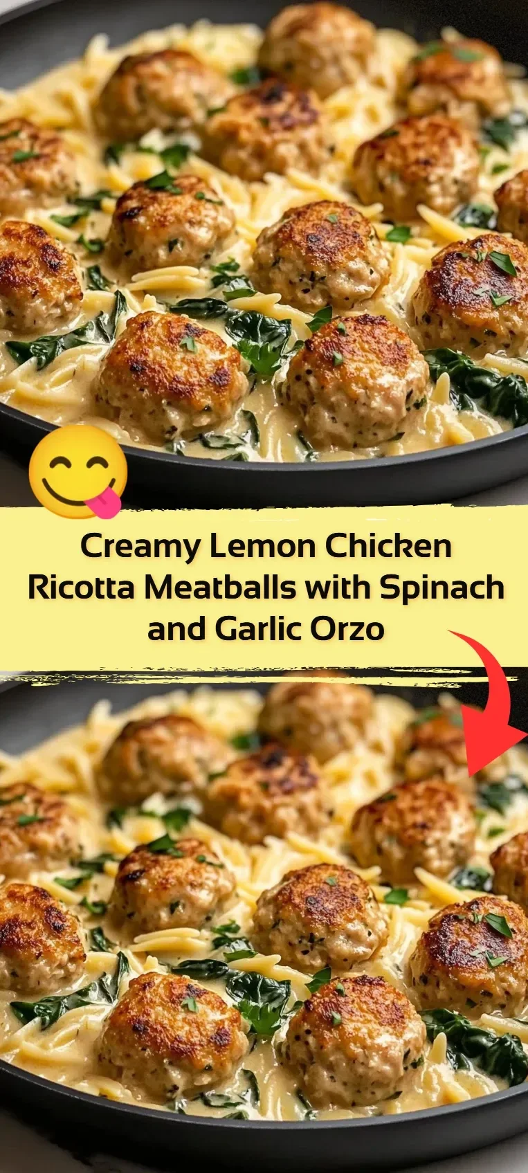 Creamy lemon chicken ricotta meatballs served with spinach and garlic orzo.