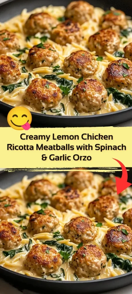 Creamy lemon chicken ricotta meatballs served with spinach and garlic orzo