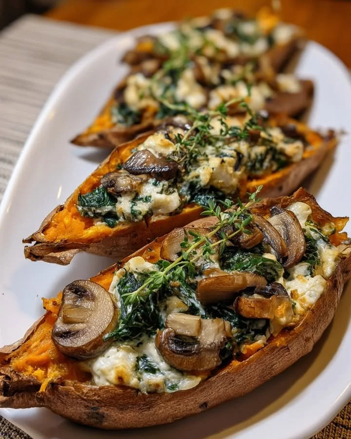 Creamy mushroom and spinach stuffed sweet potatoes on a rustic wooden table.