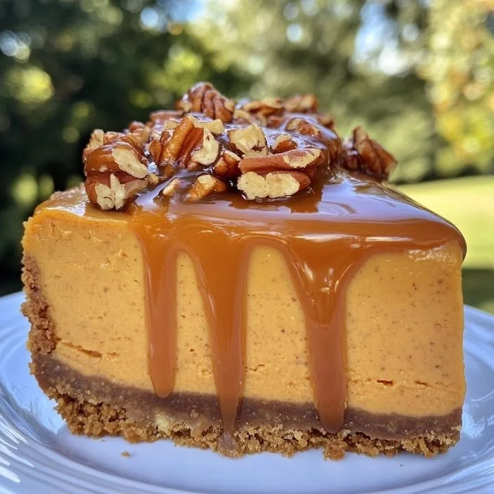 Creamy pumpkin cheesecake topped with caramel and pecans on a decorative plate