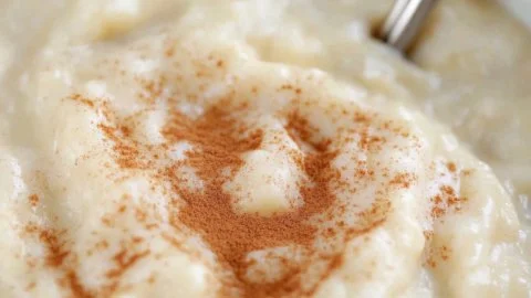 Bowl of creamy rice pudding topped with a sprinkle of cinnamon