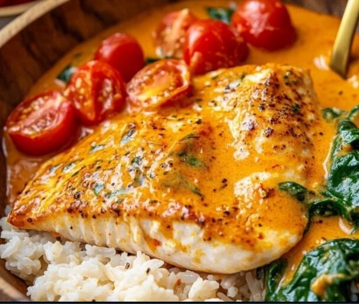 Creamy roasted red pepper salmon dish with vibrant colors and creamy sauce.
