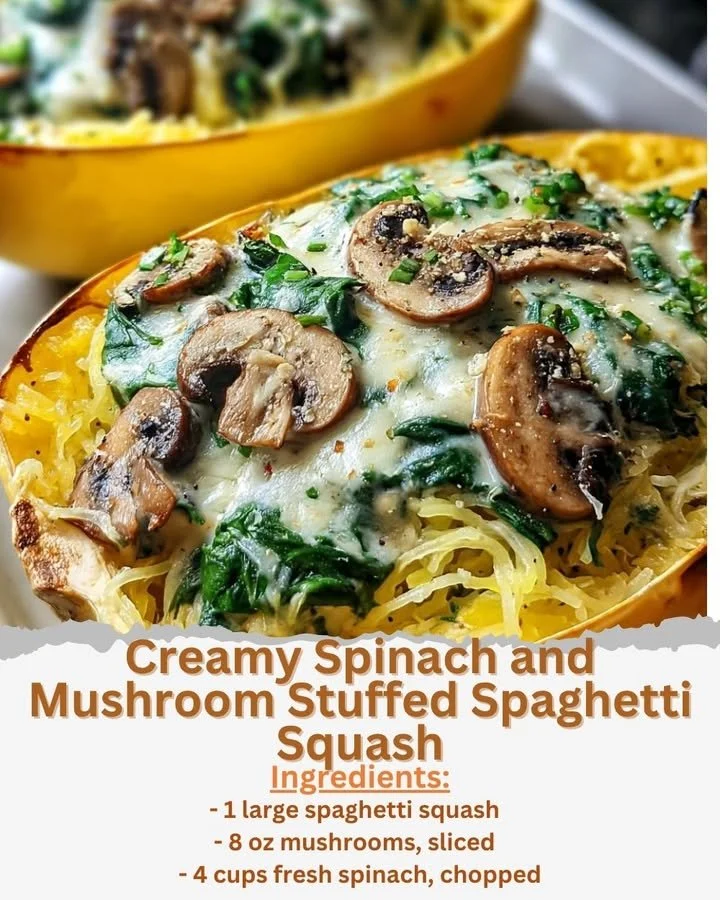 Creamy spinach and mushroom stuffed inside a baked spaghetti squash