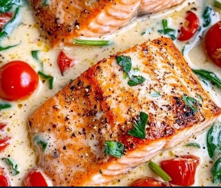 Creamy Tuscan Salmon served with fresh herbs and vegetables