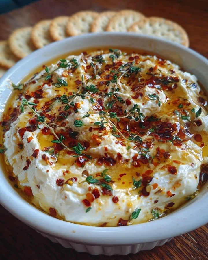 Creamy whipped goat cheese with honey and chili flakes served on a platter