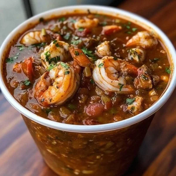 A bowl of delicious Creole Gumbo with shrimp, sausage, and rice