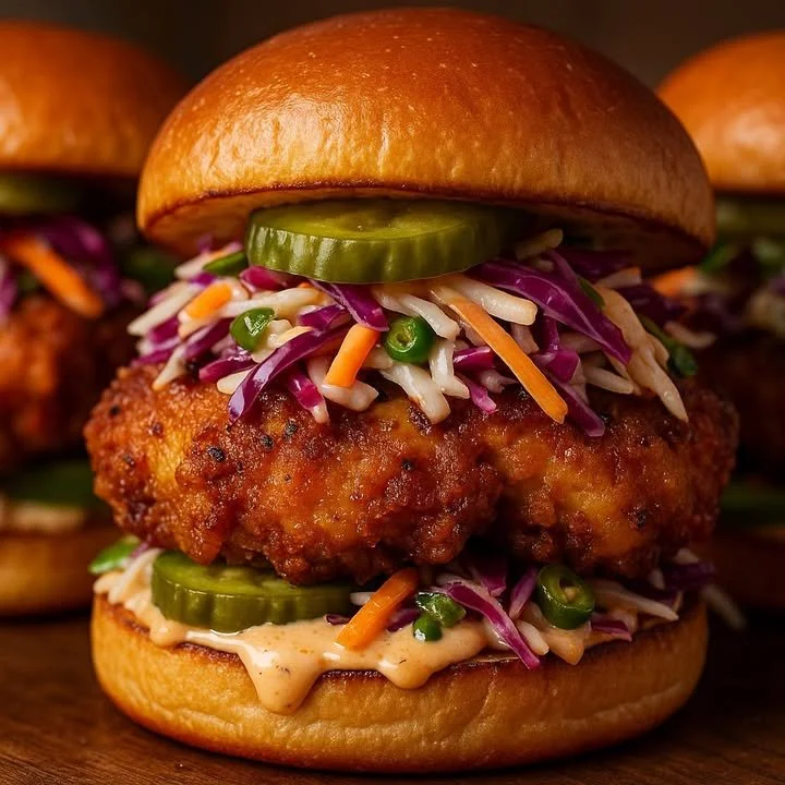 Crispy Cajun chicken sliders with spicy slaw and mustard mayo on a serving platter