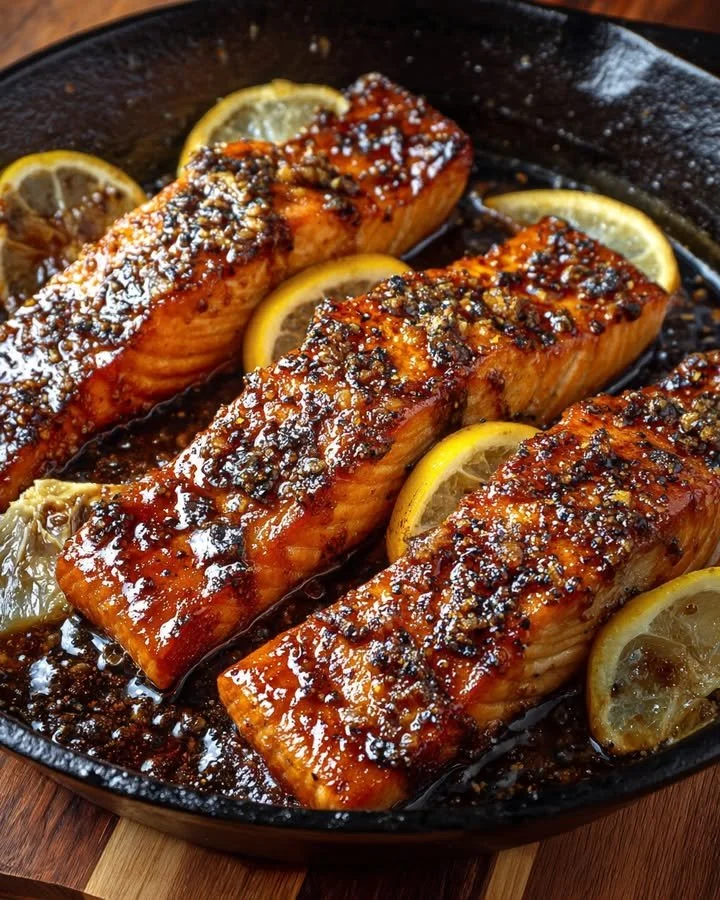 Delicious crispy candied salmon with a golden glaze and crunchy texture.
