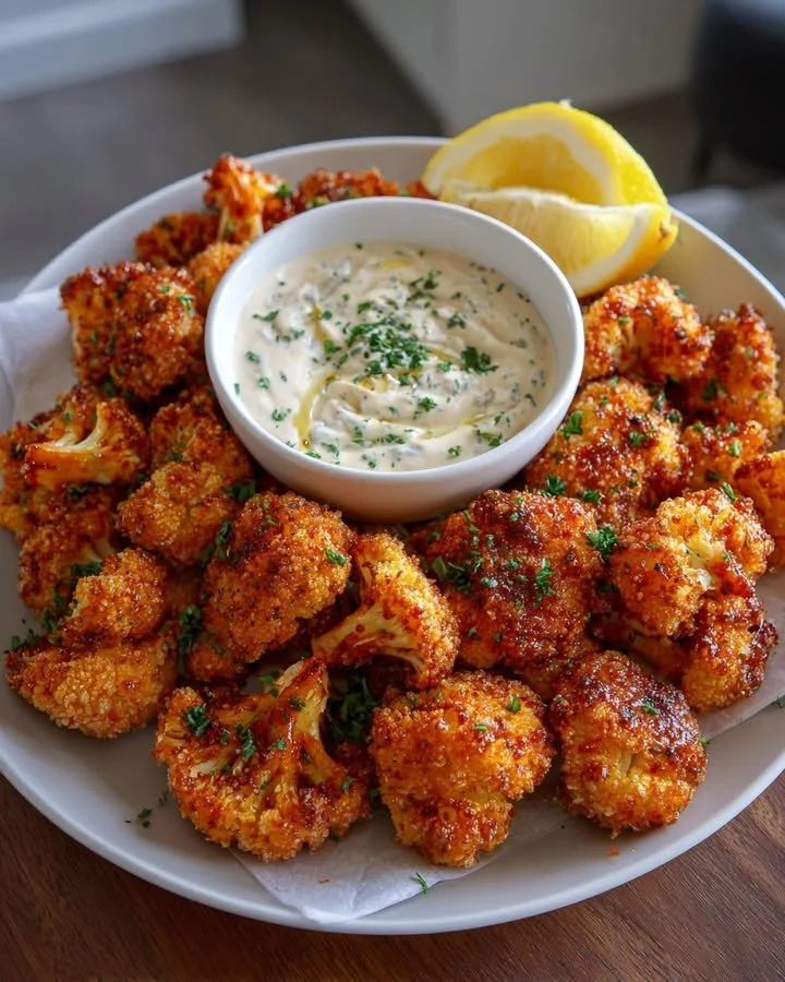 Crispy cauliflower bites served with spicy yogurt sauce on a plate.