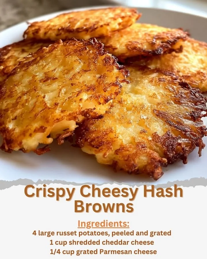 Golden crispy cheesy hash browns served on a white plate