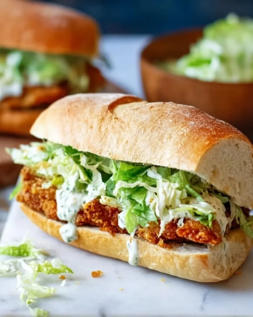 Crispy Chicken Caesar Sandwich with lettuce, croutons, and Caesar dressing