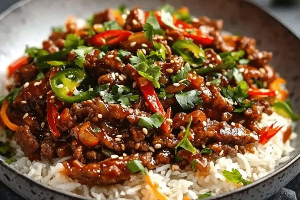Delicious crispy chilli beef served on a bed of rice