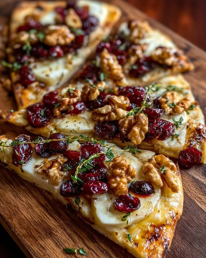 Crispy flatbread topped with Brie cheese, cranberries, walnuts, and hot honey drizzle.