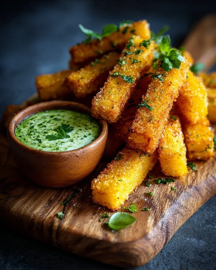 Crispy polenta fries served with garlic herb dip on a plate