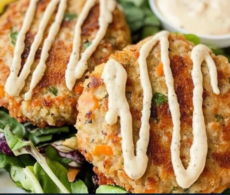 Crispy salmon cakes on a plate garnished with herbs