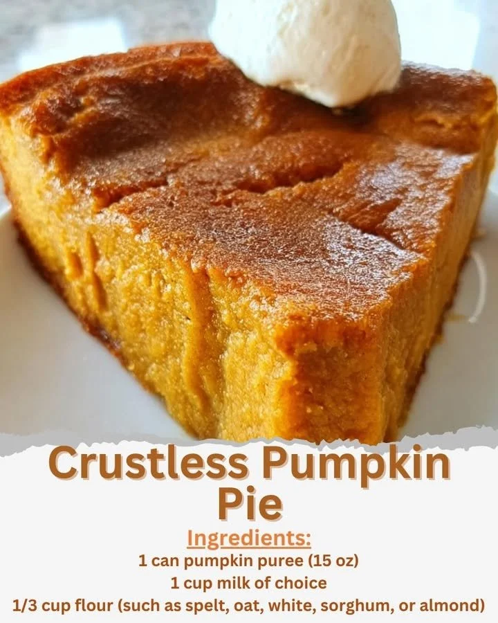 Crustless pumpkin pie slice topped with whipped cream