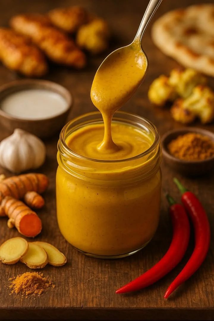 Delicious homemade curry sauce in a bowl with fresh herbs