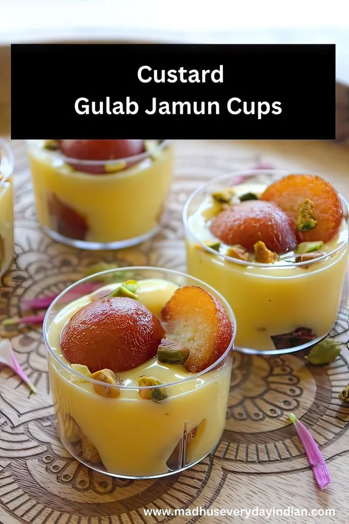 Custard Gulab Jamun Cups served in elegant dessert cups
