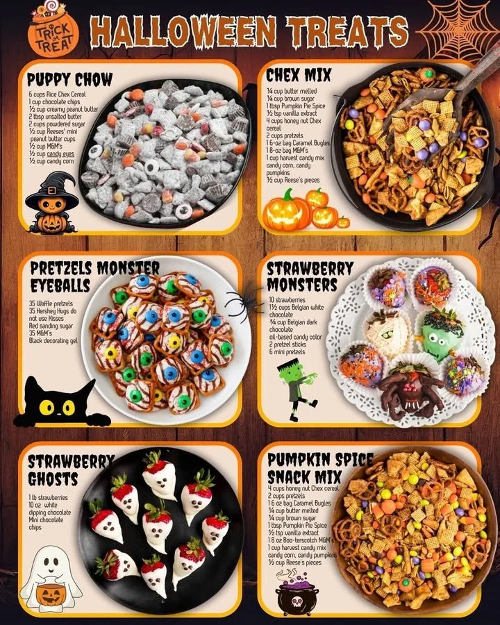 A collection of cute and fun Halloween treats like cupcakes and cookies