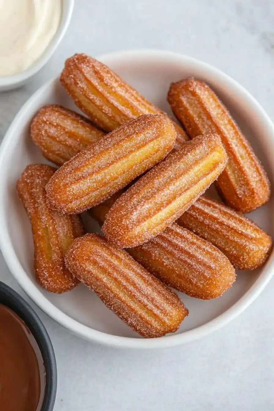 Plate of delicious baked churro bites dusted with cinnamon sugar