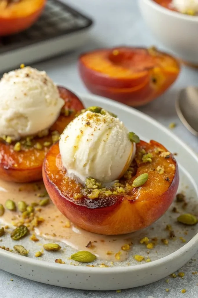 Oven baked peach served with a drizzle of honey and a scoop of vanilla ice cream.