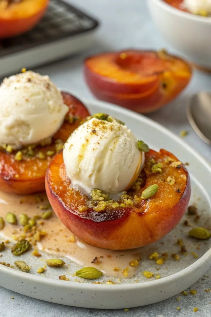 Oven baked peach served with a drizzle of honey and a scoop of vanilla ice cream.