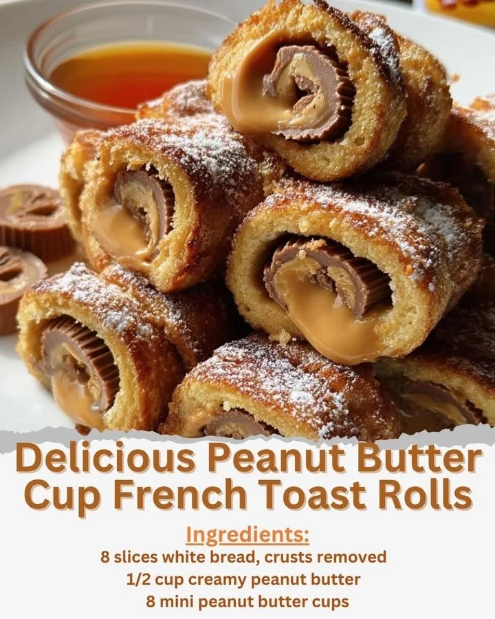 Delicious Peanut Butter Cup French Toast Rolls served on a plate with syrup