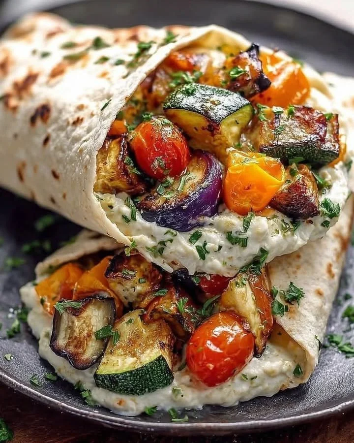Delicious roasted veggie wraps with hummus and fresh ingredients
